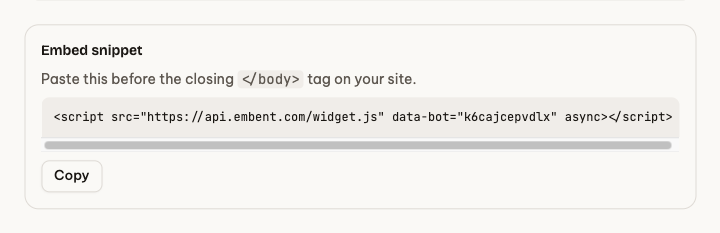 The Embed snippet card showing the single script tag to paste before the closing body tag