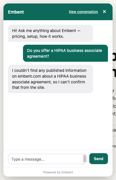 The Embent widget on embent.com declining a question about HIPAA business associate agreements, because nothing on the site covers it