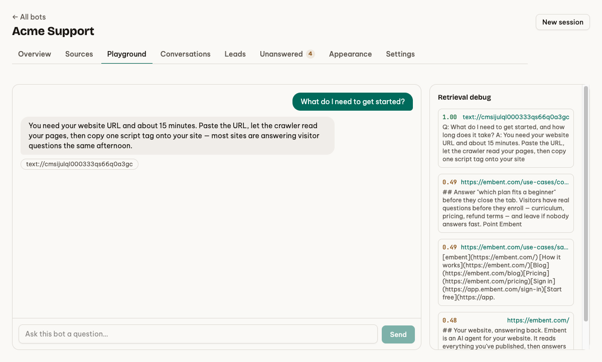 The playground answering "What do I need to get started?" with the source page cited underneath, and the retrieval debug panel showing which passages were used