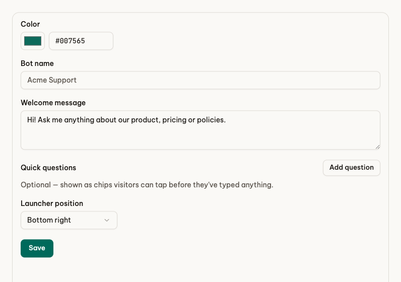 The Appearance tab: brand colour, bot name, welcome message, quick questions and launcher position
