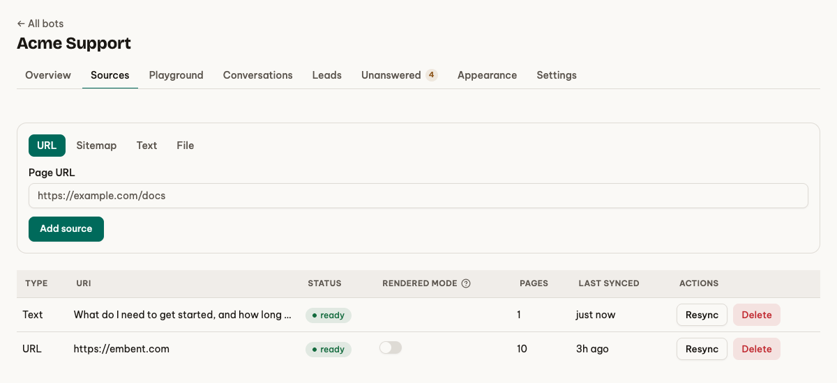 The Sources tab with one URL source finished: status ready, 10 pages, last synced 43 minutes ago