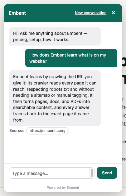 The same widget answering a question it does have content for, with the source page linked underneath the answer